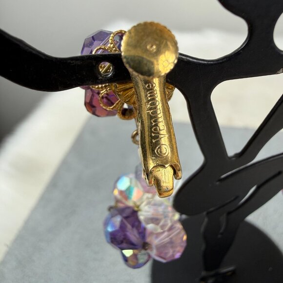 Vintage Vendome Purple & Clear Glass Bead Dangle & Drop Screw/Clip Earrings Gold - Picture 6 of 16